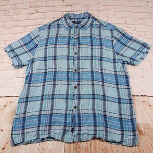 Tommy Bahama Linen Shirt Mens XL Plaid Casual Relax Blue Short Sleeve‎